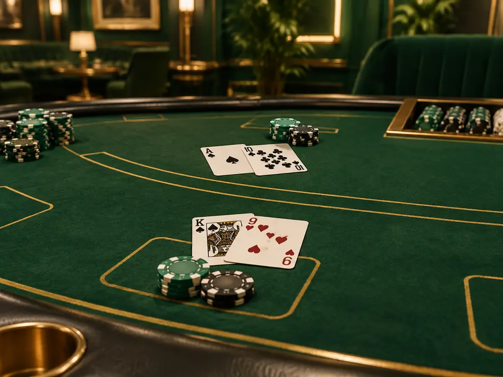 Ilustrasi meja blackjack dengan kartu terbuka dan keping dalam suasana kasino hijau hutan