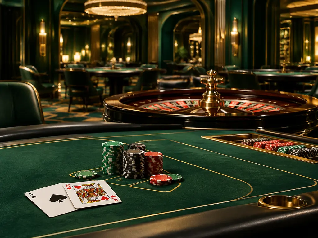 Ilustrasi suasana kasino dengan meja kartu dan roda roulette dalam warna hijau hutan