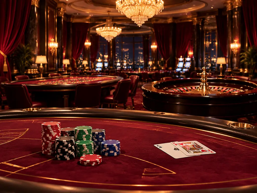 Ilustrasi aula kasino klasik dengan meja blackjack, keping, dan roda roulette dalam cahaya keemasan