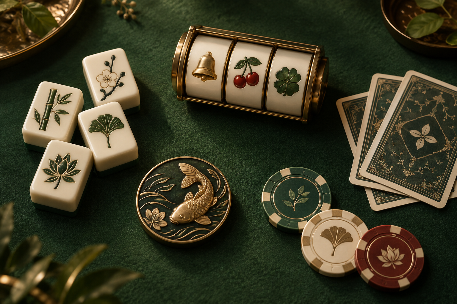 Ilustrasi katalog kasino dengan ubin mahjong, gulungan slot, kartu dan keping