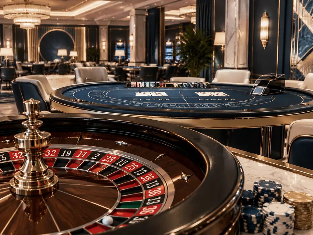 Ilustrasi interior kasino dengan meja roulette dan meja kartu berwarna porselen dan biru tua